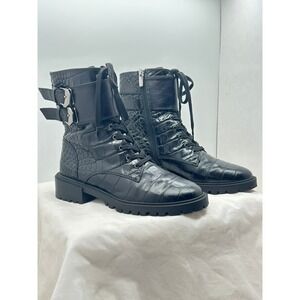 Vince Camuto Fawdry Black Croc-Embossed Leather Combat Boots Buckle and Lace